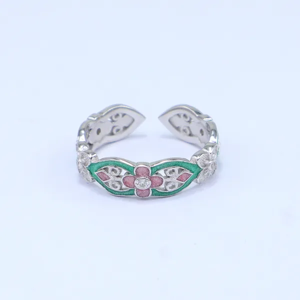 White_Sterling_Silver_Enamel_Floral_Adjustable_Ring_For_Women