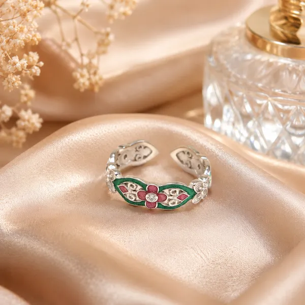 White_Sterling_Silver_Enamel_Floral_Adjustable_Ring_For_Women
