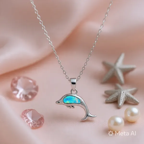 White_Rhodium_Sterling_Silver_Blue_Opal_Dolphin_Pendant_Necklace_For_Women