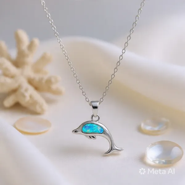 White_Rhodium_Sterling_Silver_Blue_Opal_Dolphin_Pendant_Necklace_For_Women