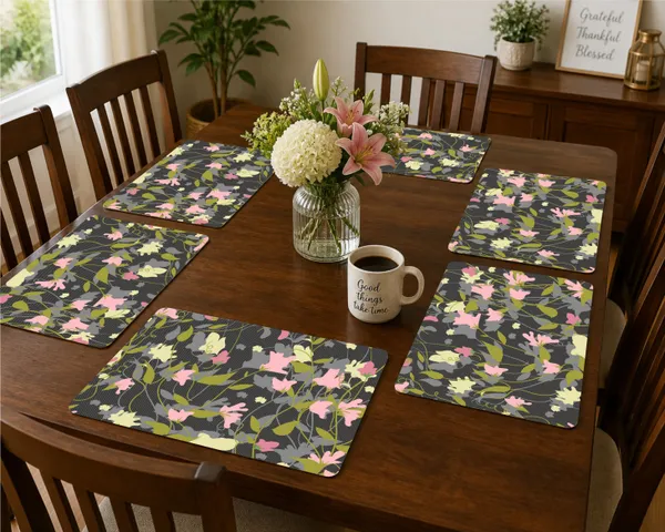 Plastic_Dining_Grey_And_Pink_Floral_Print_Table_Mat_Set_Of_6