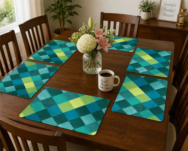 Plastic_Modern_Teal_Green_Geometric_Checkered_Table_Mat_Set_Of_6
