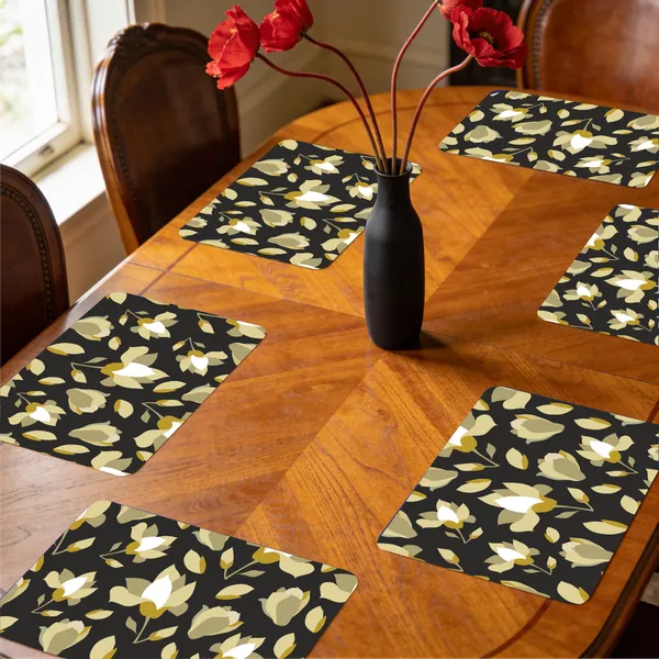 Plastic_Festive_Black_And_Gold_Magnolia_Floral_Print_Table_Mat_Set_Of_6