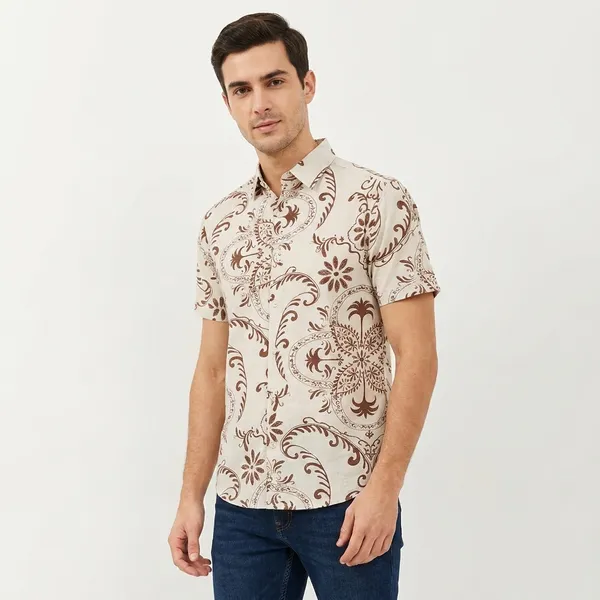 White_And_Brown_Cotton_Floral_Print_Shirt_For_Men