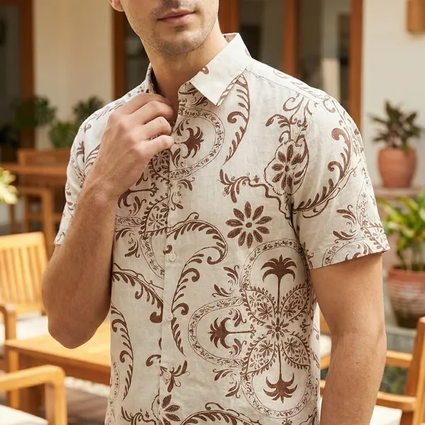 White_And_Brown_Cotton_Floral_Print_Shirt_For_Men