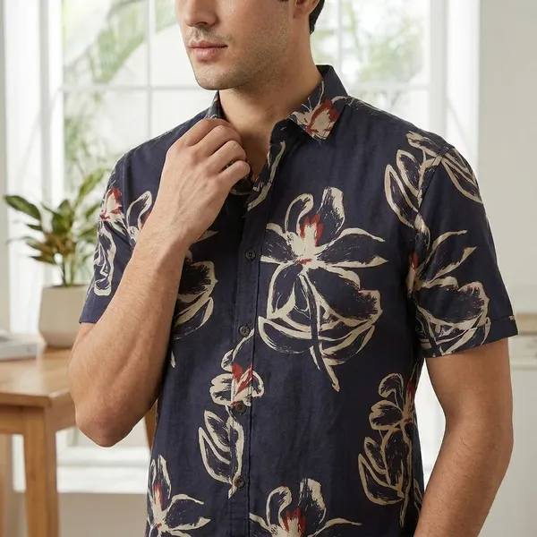 Navy_Blue_Cotton_Floral_Print_Short_Sleeve_Shirt_For_Men