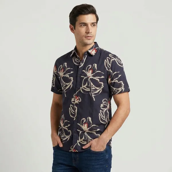 Navy_Blue_Cotton_Floral_Print_Short_Sleeve_Shirt_For_Men