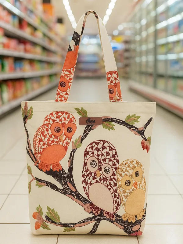 TWIGGY_(Yellow)_Reusable_Canvas_Tote_Bag_With_Owl_Print_Design