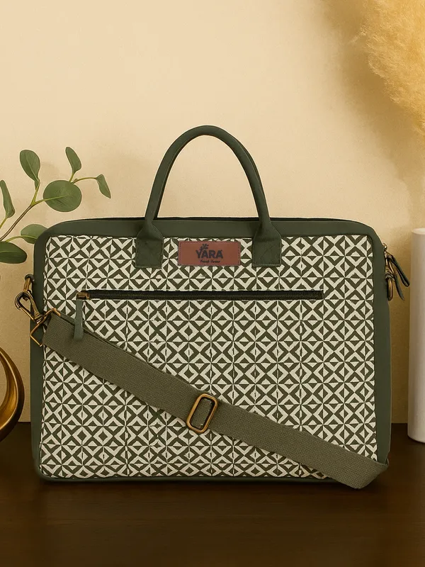 TEAL_LATTICE_(Green)__Laptop_Bag_With_Shoulder_Strap__Olive_Green_And_Cream__[_FITS_UPTO_16_INCH_LAPTOP]