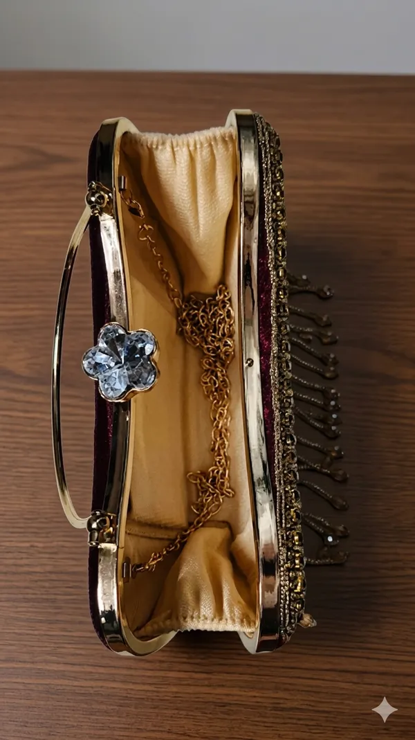Apple_Shaped_Stone_and_Beaded_Clutch_with_Metal_Handle_And_Sling_Chain