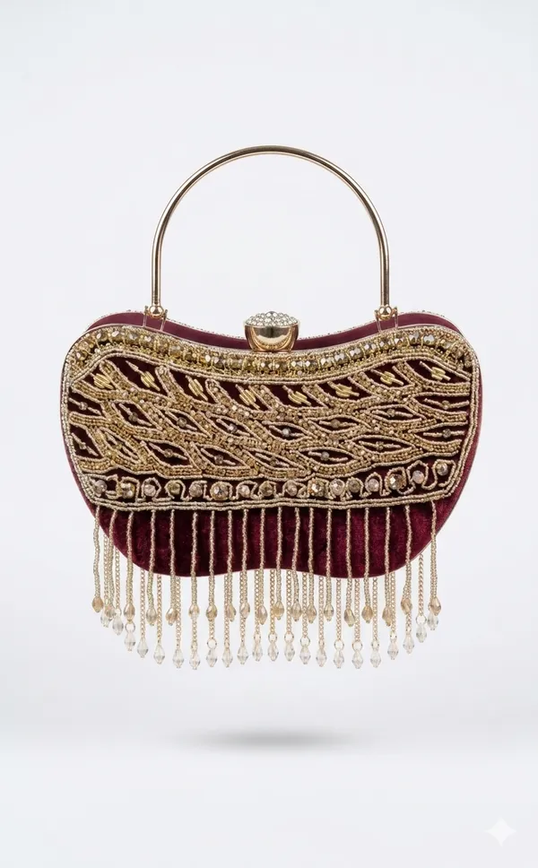 Apple_Shaped_Stone_and_Beaded_Clutch_with_Metal_Handle_And_Sling_Chain