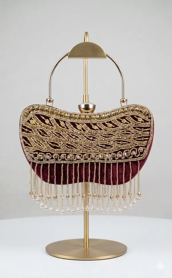 Apple_Shaped_Stone_and_Beaded_Clutch_with_Metal_Handle_And_Sling_Chain