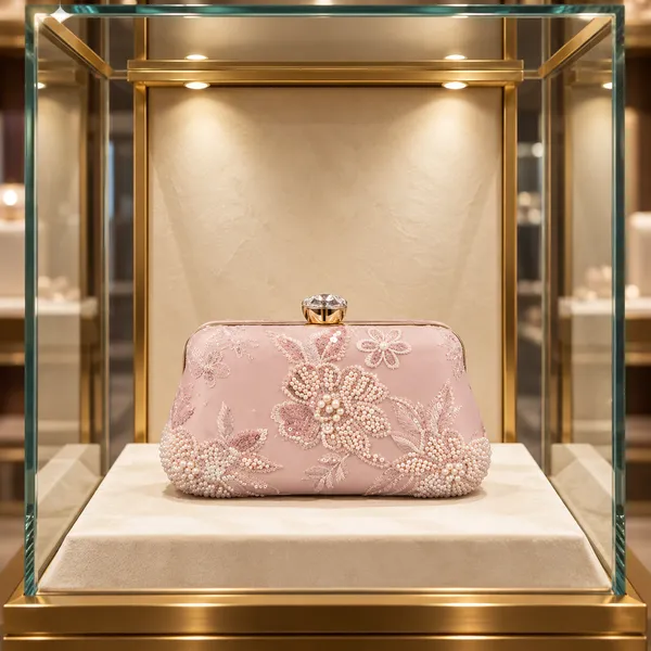 Peach_Embroidered_Clutch_With_Attached_Metal_Chain_Handle