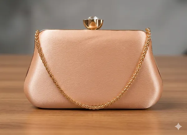 Peach_Embroidered_Clutch_With_Attached_Metal_Chain_Handle