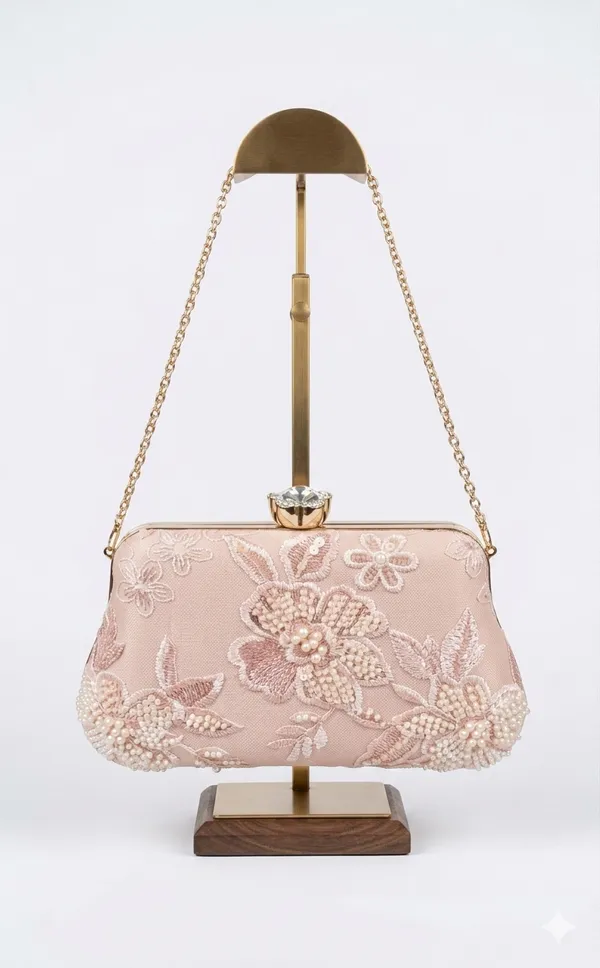 Peach_Embroidered_Clutch_With_Attached_Metal_Chain_Handle