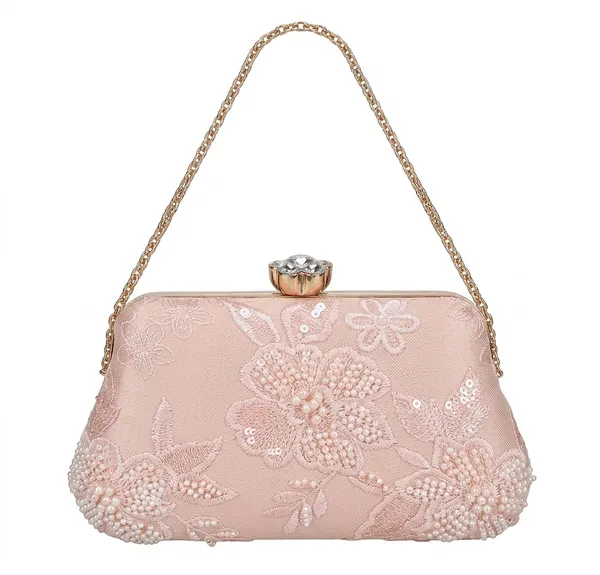 Peach_Embroidered_Clutch_With_Attached_Metal_Chain_Handle