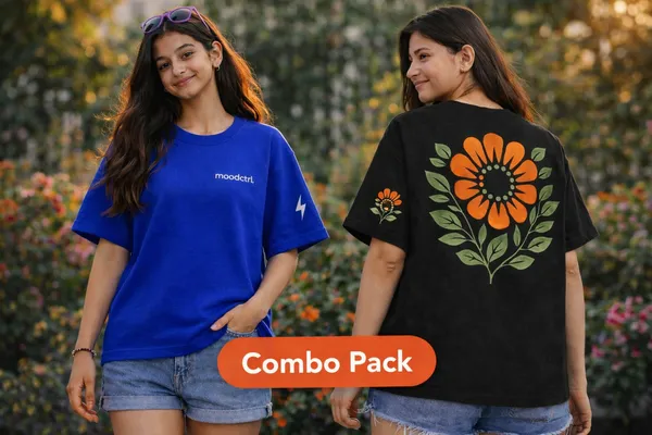 Black_And_Blue_Cotton_Floral_Print_And_Oversized_Lightning_Print_T-Shirt_For_Girls_Pack_Of_2