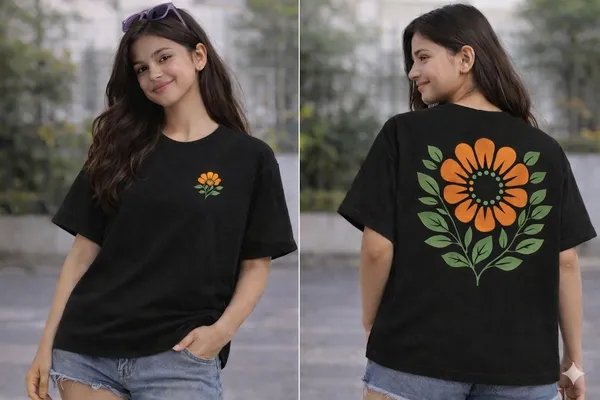 Black_And_Blue_Cotton_Floral_Print_And_Oversized_Lightning_Print_T-Shirt_For_Girls_Pack_Of_2