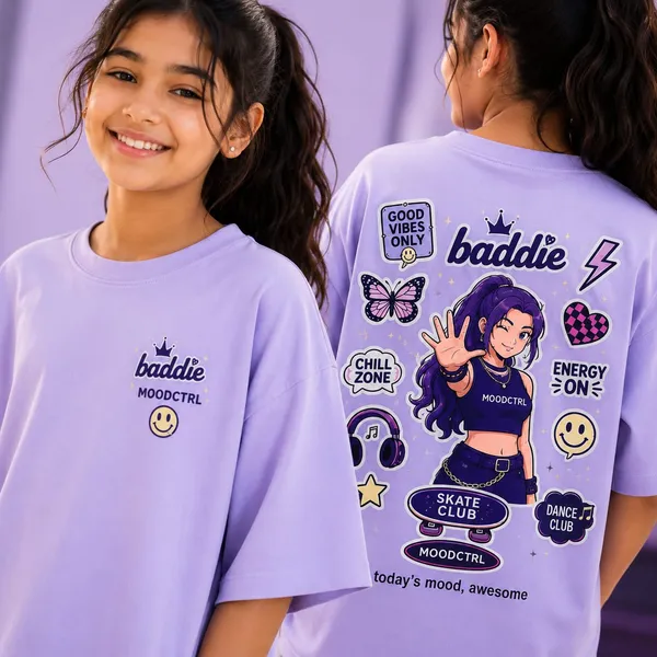 Moodctrl_Blue_Cotton_Oversized-_Girls_Baddie_Mode_Graphic_T-Shirt_For_Girls