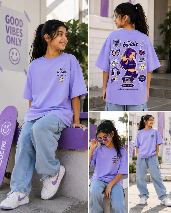 Moodctrl_Blue_Cotton_Oversized-_Girls_Baddie_Mode_Graphic_T-Shirt_For_Girls