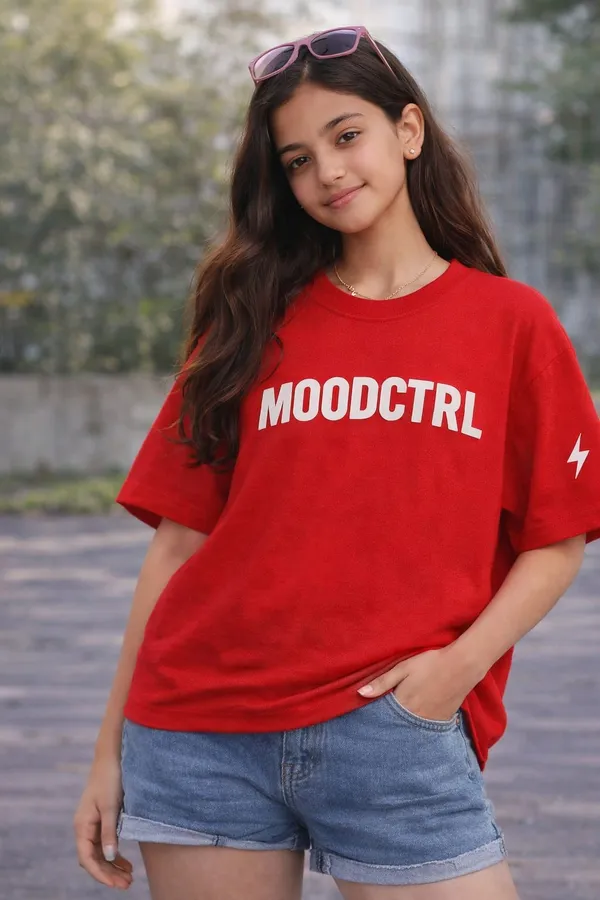 Red_Cotton_Oversized_Lightning_Print_T-Shirt_For_Girls