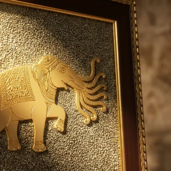 7_Trunk_Haathi_Airavata_On_Raw_Pyrite_Frame_Golden_Embossed_Elephant_Wall_Art