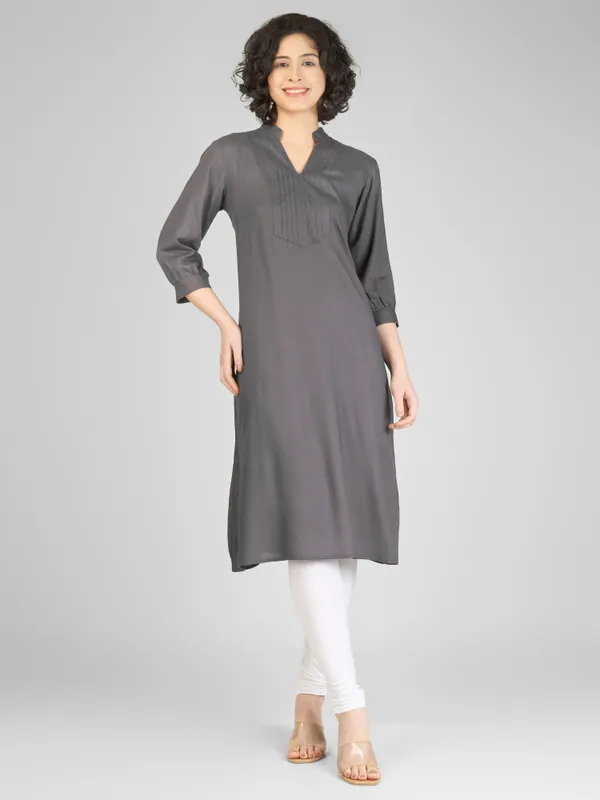 Grey_Pure_Rayon_Straight_Fit_Pintuck_Kurta_For_Women
