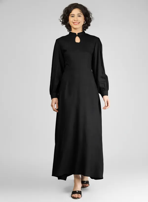 Black_Pure_Rayon_Keyhole_Neck_A-Line_Dress_For_Women
