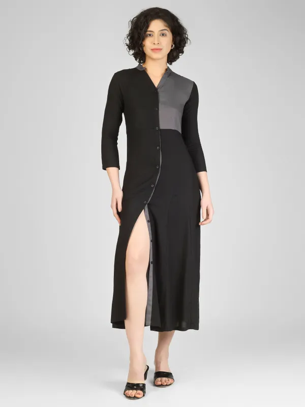 Black_Grey_Pure_Rayon_Color_Block_Midi_Dress_For_Women