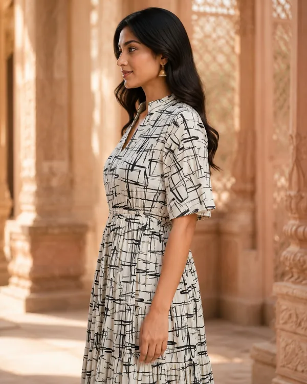 White_Pure_Rayon_Abstract_Print_Gathered_Dress_For_Women