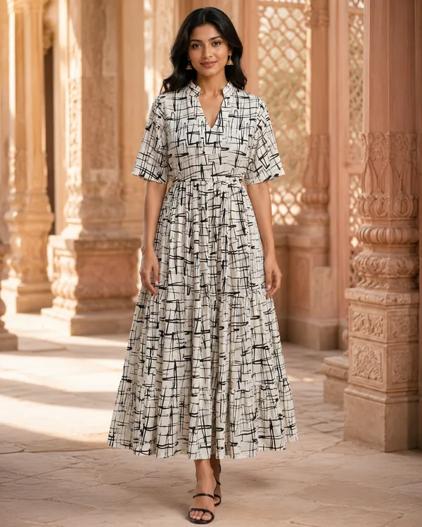 White_Pure_Rayon_Abstract_Print_Gathered_Dress_For_Women
