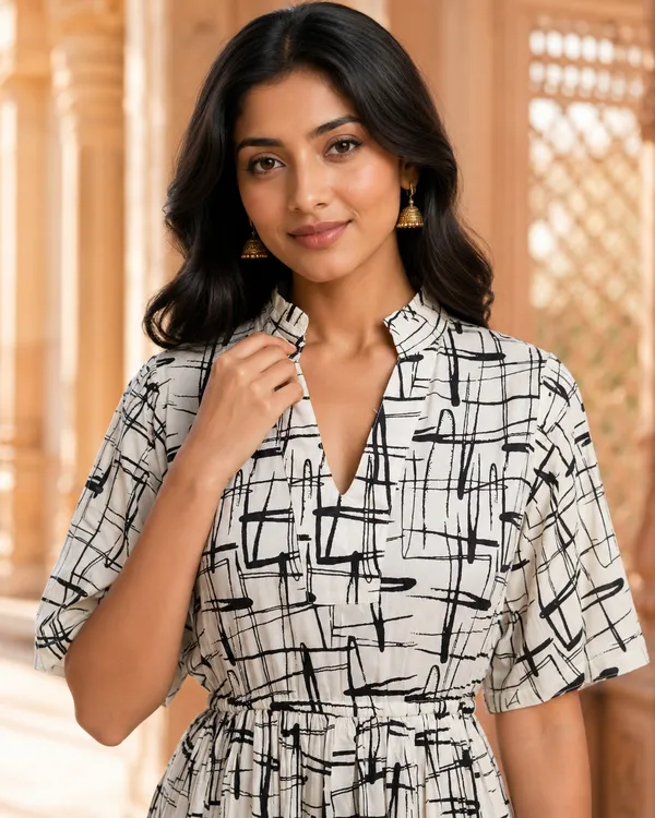 White_Pure_Rayon_Abstract_Print_Gathered_Dress_For_Women