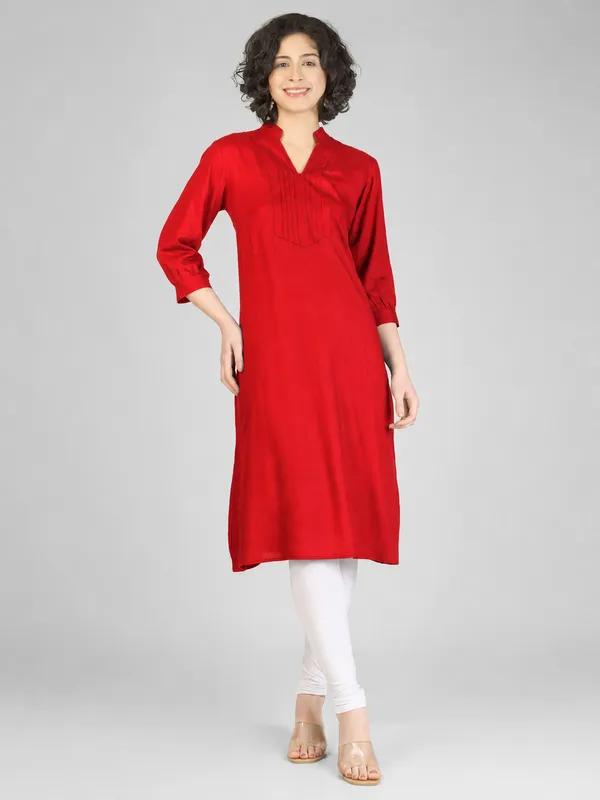 Red_Pure_Rayon_Pintuck_Straight_Kurta_For_Women