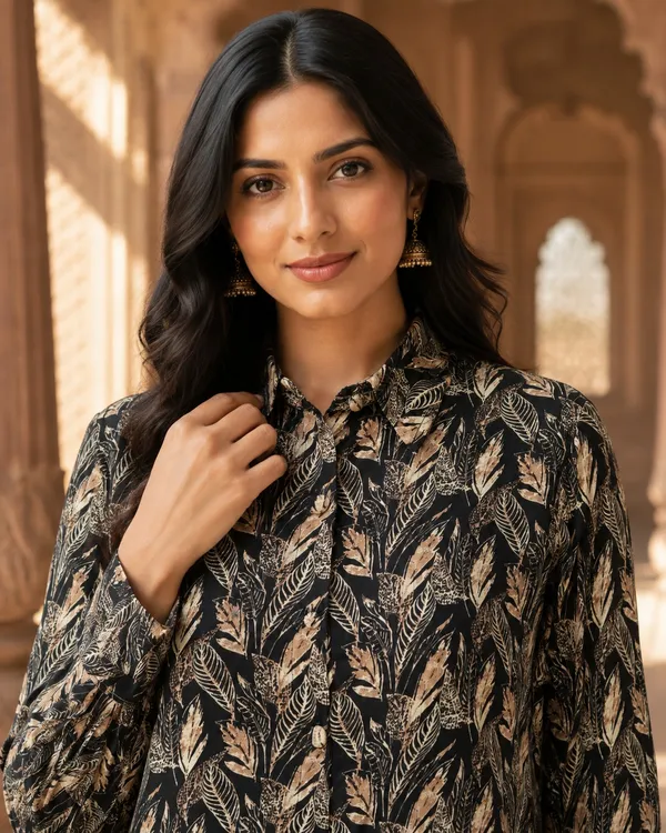 Black_Pure_Rayon_Leaf_Print_Straight_Dress_For_Women