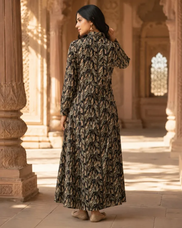 Black_Pure_Rayon_Leaf_Print_Straight_Dress_For_Women