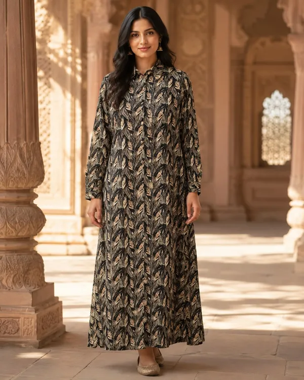 Black_Pure_Rayon_Leaf_Print_Straight_Dress_For_Women