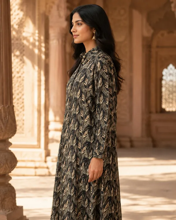 Black_Pure_Rayon_Leaf_Print_Straight_Dress_For_Women