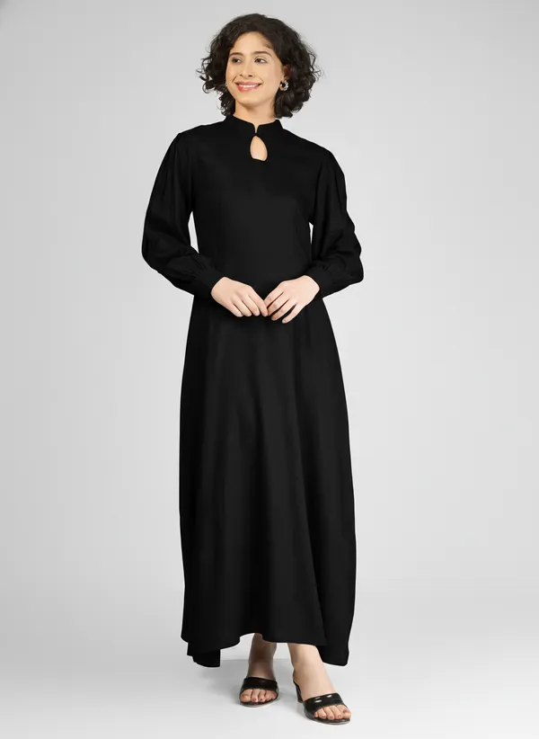 Black_Pure_Rayon_Keyhole_Neck_A-Line_Dress_For_Women