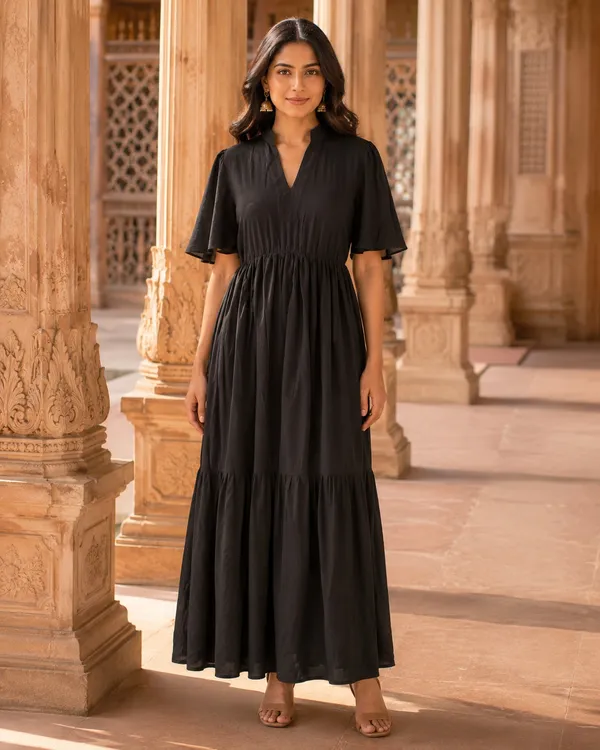 Black_Pure_Rayon_Gathered_Midi_Dress_For_Women