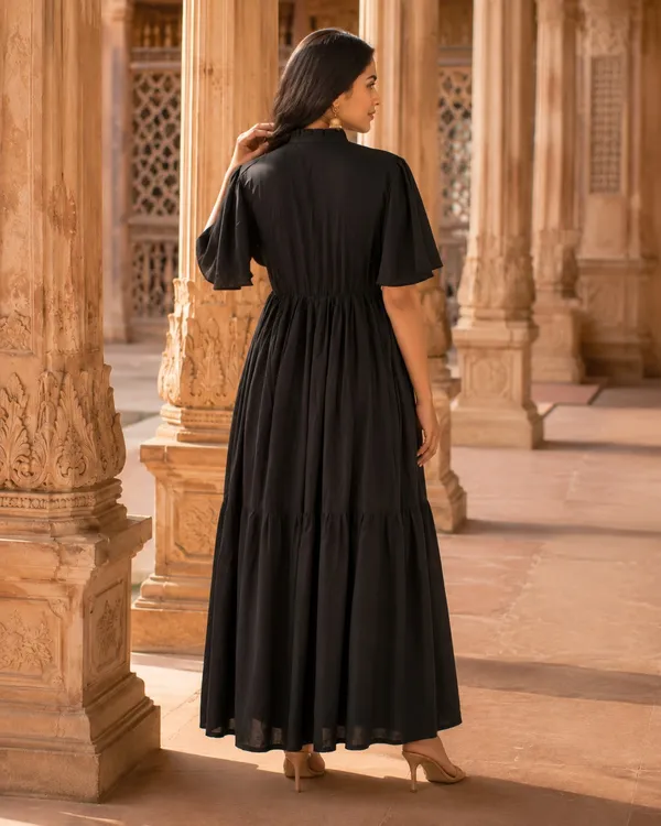 Black_Pure_Rayon_Gathered_Midi_Dress_For_Women
