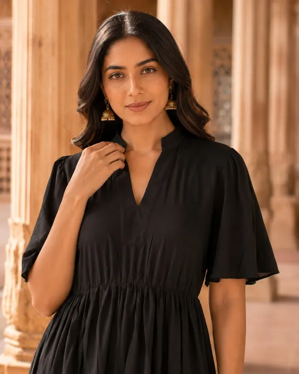 Black_Pure_Rayon_Gathered_Midi_Dress_For_Women