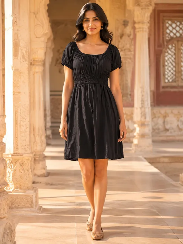 Black_Pure_Rayon_Gathered_A-Line_Dress_For_Women