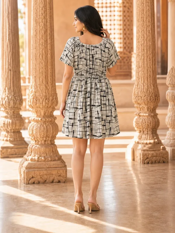 White_Pure_Rayon_Abstract_Print_Short_Sleeve_Dress_For_Women