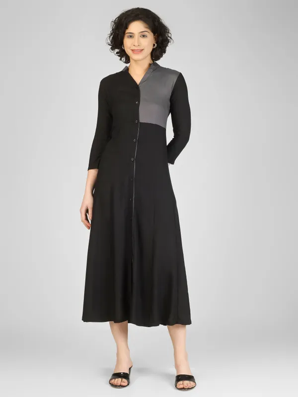 Black_Grey_Pure_Rayon_Color_Block_Midi_Dress_For_Women