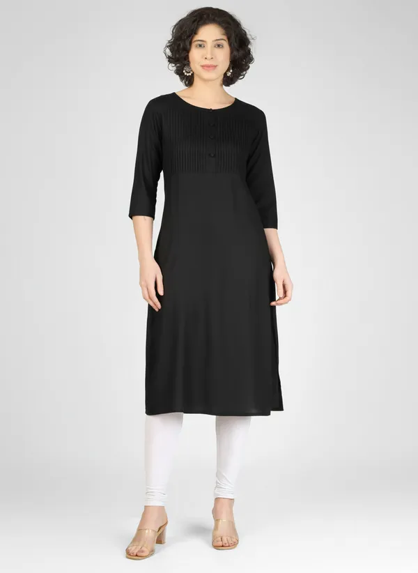 Black_Pure_Rayon_Pleated_Front_Straight_Kurta_For_Women