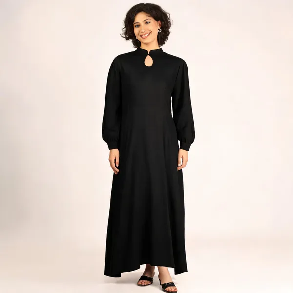 Black_Pure_Rayon_Keyhole_Neck_A-Line_Dress_For_Women