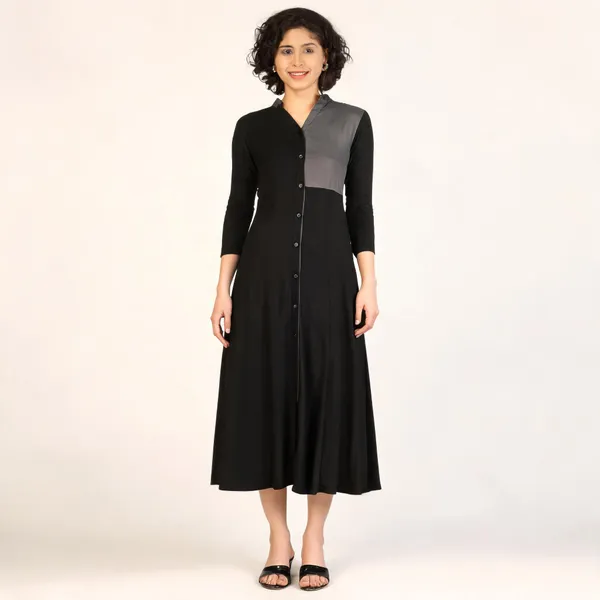 Black_Grey_Pure_Rayon_Color_Block_Midi_Dress_For_Women