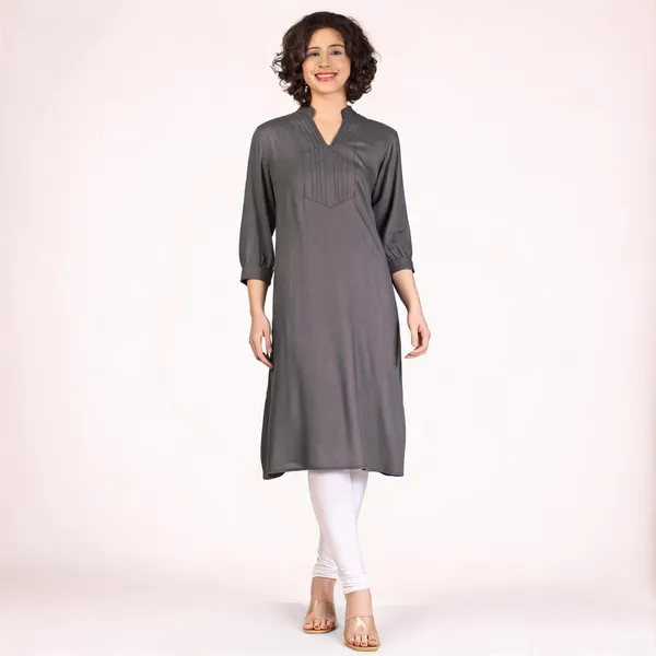 Grey_Pure_Rayon_Straight_Fit_Pintuck_Kurta_For_Women