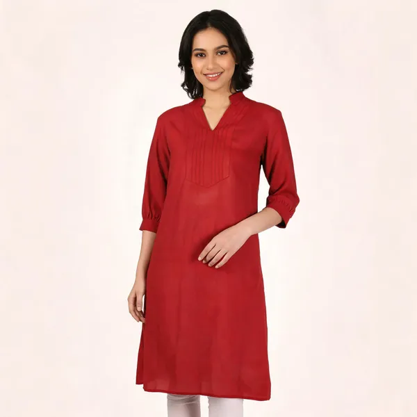 Red_Pure_Rayon_Pintuck_Straight_Kurta_For_Women