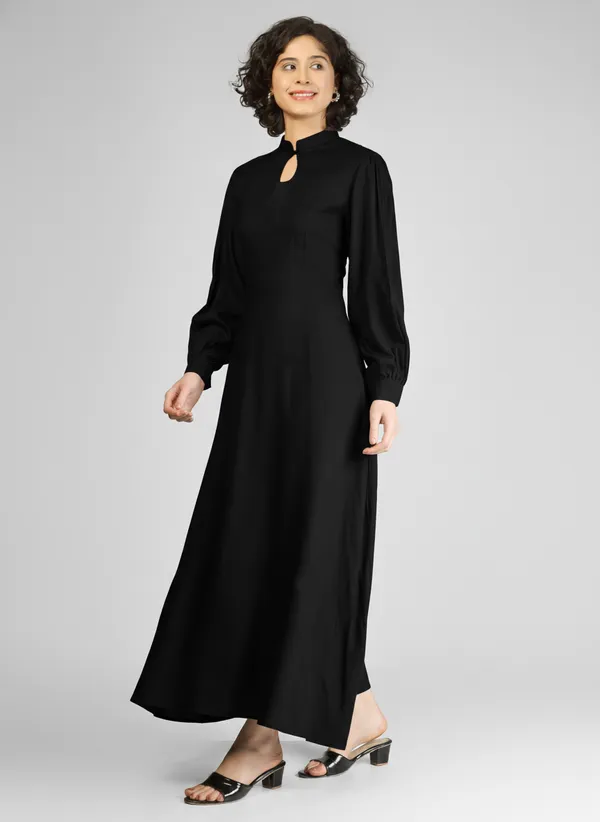 Black_Pure_Rayon_Keyhole_Neck_A-Line_Dress_For_Women
